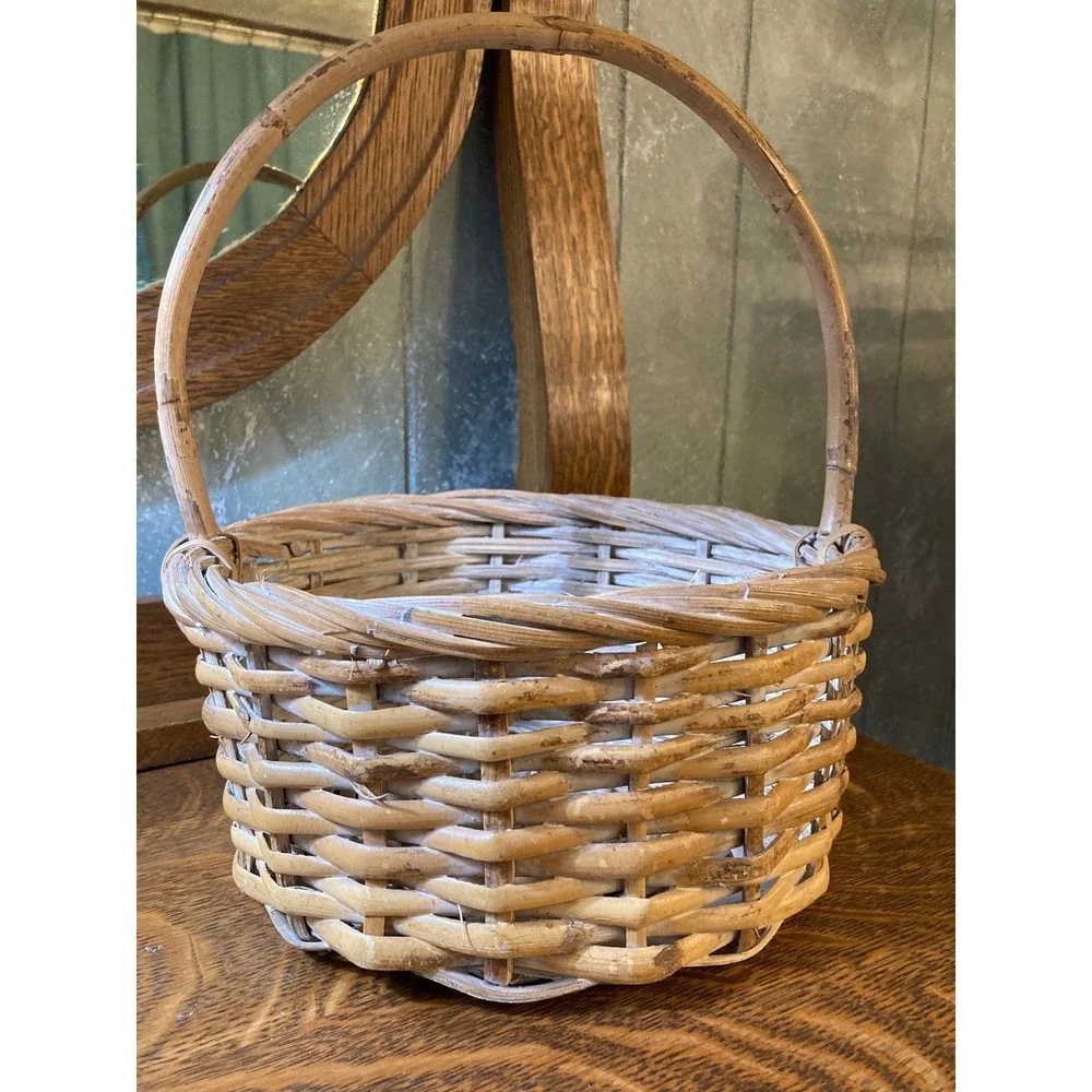 Vintage Wicker Basket with Ceramic Strawberry Accent Cottagecore Round Decor